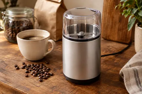 Moulin à café électrique argenté à couvercle transparent posé sur un comptoir en bois avec des grains de café