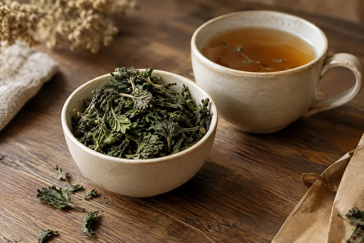 Feuilles d’ortie bio en vrac dans un bol en céramique, près d’une tasse d’infusion ambrée