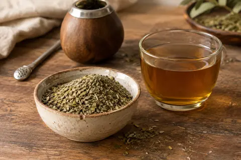 Feuilles de maté vert en vrac dans un bol de céramique, avec une infusion ambrée sur un comptoir en bois.