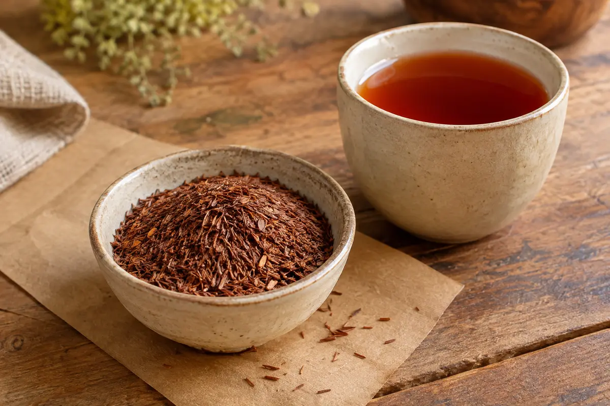 Rooibos en vrac aux fines aiguilles brun rougeâtre, accompagné d’une tasse d’infusion cuivrée