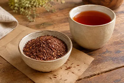 Rooibos en vrac aux fines aiguilles brun rougeâtre, accompagné d’une tasse d’infusion cuivrée
