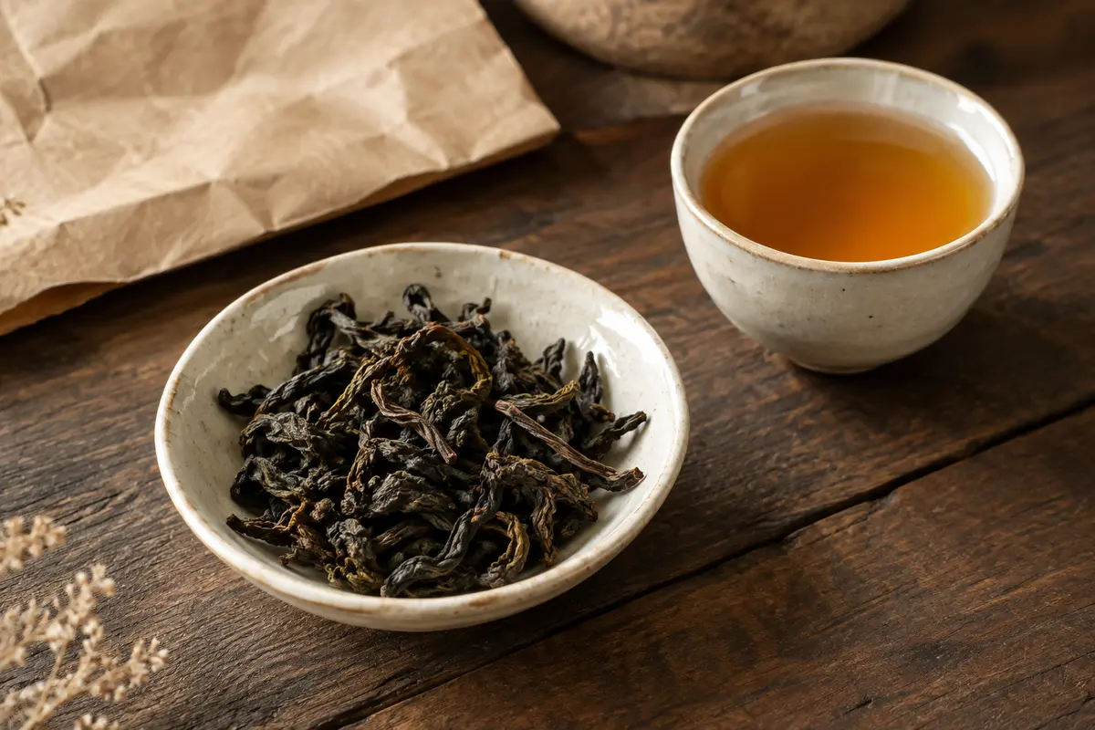 Feuilles torsadées de thé oolong Shui Xian dans une coupelle en céramique, près d’une tasse ambrée.
