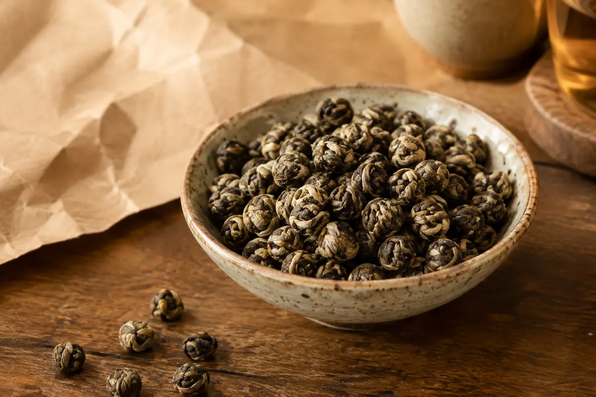 Feuilles roulées de thé oolong Jin Xuan, couleur sable, présentées dans une coupelle en céramique