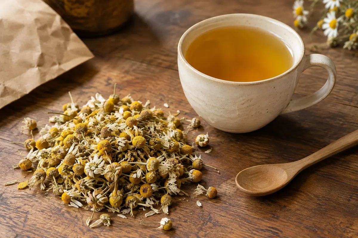 Fleurs séchées de camomille allemande près d’une tasse d’infusion dorée sur un comptoir en bois
