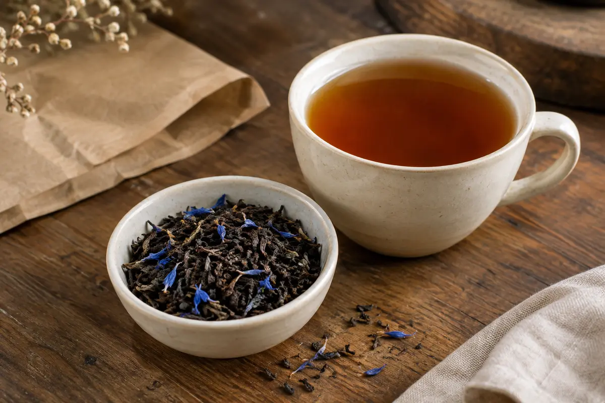 Thé noir Earl Grey en feuilles avec pétales de bleuet, présenté près d’une tasse ambrée