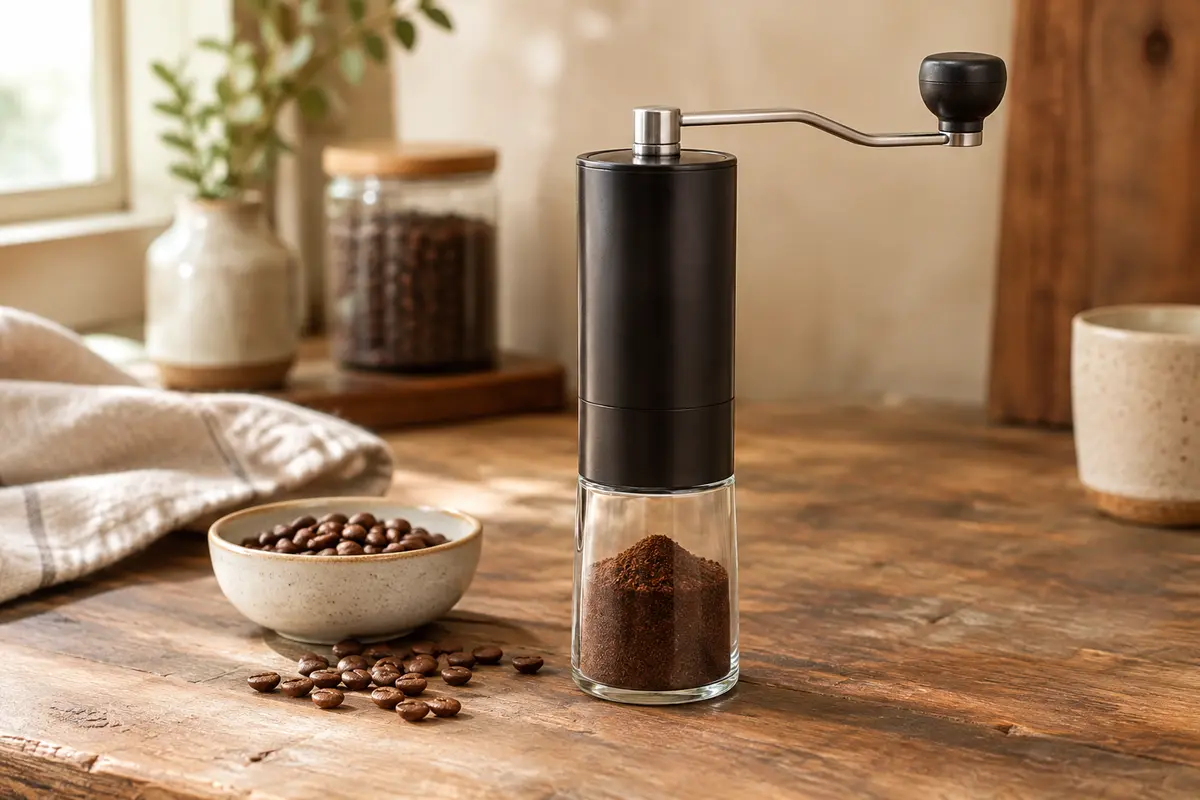 Moulin à café manuel noir posé sur un comptoir en bois, avec quelques grains à proximité