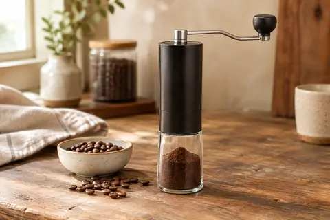 Moulin à café manuel noir posé sur un comptoir en bois, avec quelques grains à proximité