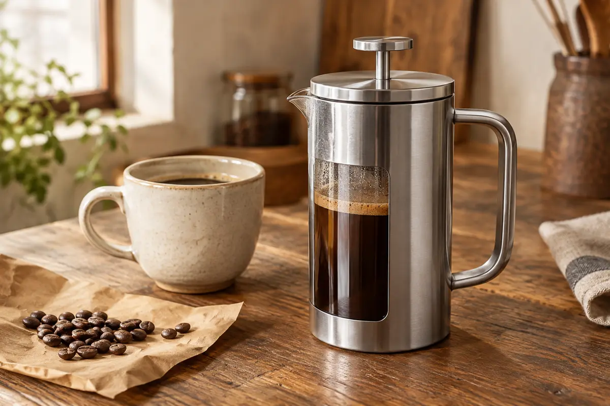 Cafetière à piston en inox gris posée sur un comptoir en bois avec une tasse en céramique