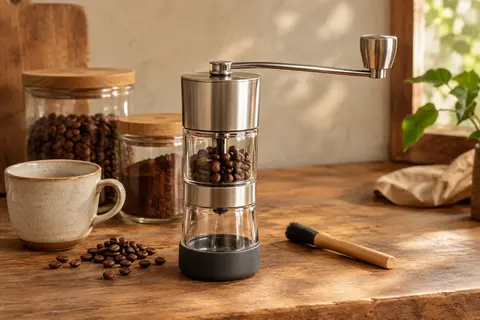 Moulin à café manuel avec poignée en acier, bocaux en verre et brosse sur un comptoir en bois