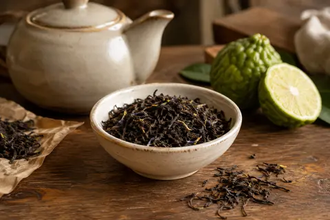 Feuilles de thé noir Earl Grey en vrac dans une coupelle en céramique sur un comptoir en bois