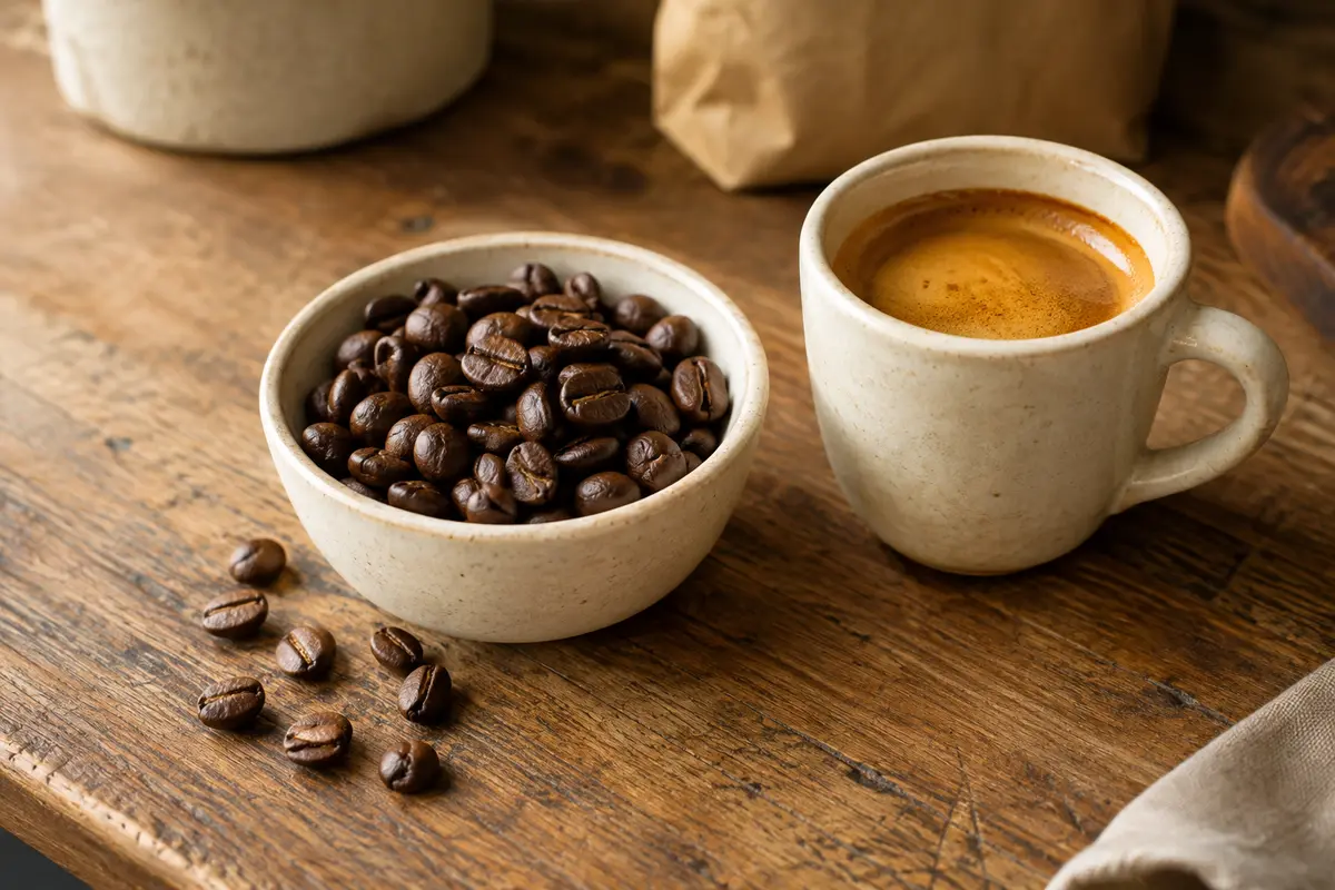 Grains de café torréfiés dans une coupelle en céramique, près d’une tasse d’espresso sur un comptoir en bois.