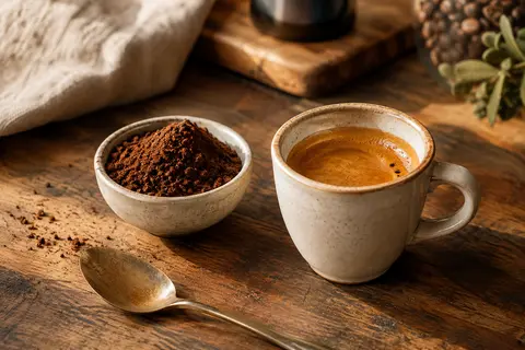 Café moulu brun dans une coupelle en céramique, accompagné d’un espresso sur un comptoir en bois.