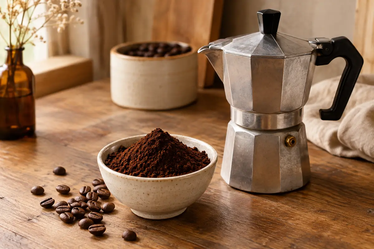Café moulu brun dans une coupelle en céramique, accompagné d’une cafetière moka sur un comptoir en bois