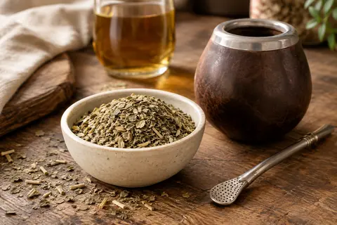 Yerba maté en feuilles avec tiges dans une coupelle, accompagnée d’une calebasse sur un comptoir en bois