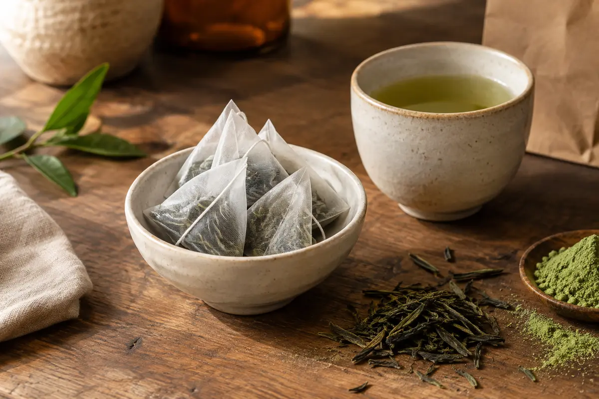 Sachet de thé vert au matcha près d’une tasse en céramique sur un comptoir en bois