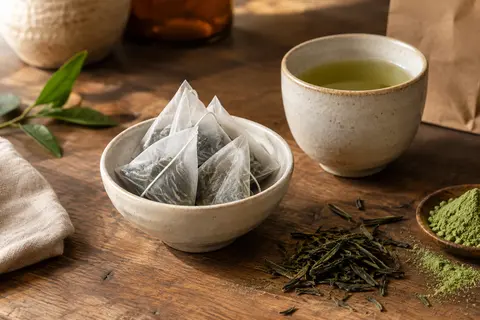 Sachet de thé vert au matcha près d’une tasse en céramique sur un comptoir en bois
