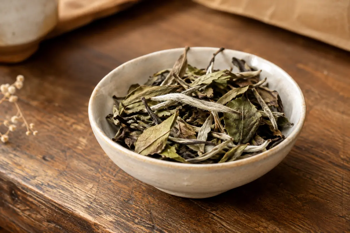Feuilles de thé blanc Bai Mu Dan en vrac dans une coupelle en céramique sur un comptoir en bois.
