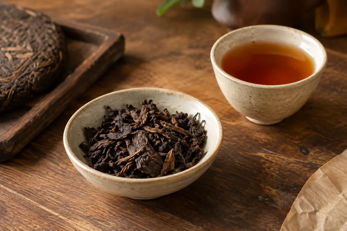 Feuilles de thé Pu-erh en vrac dans une coupelle en céramique, accompagnées d’une tasse ambrée