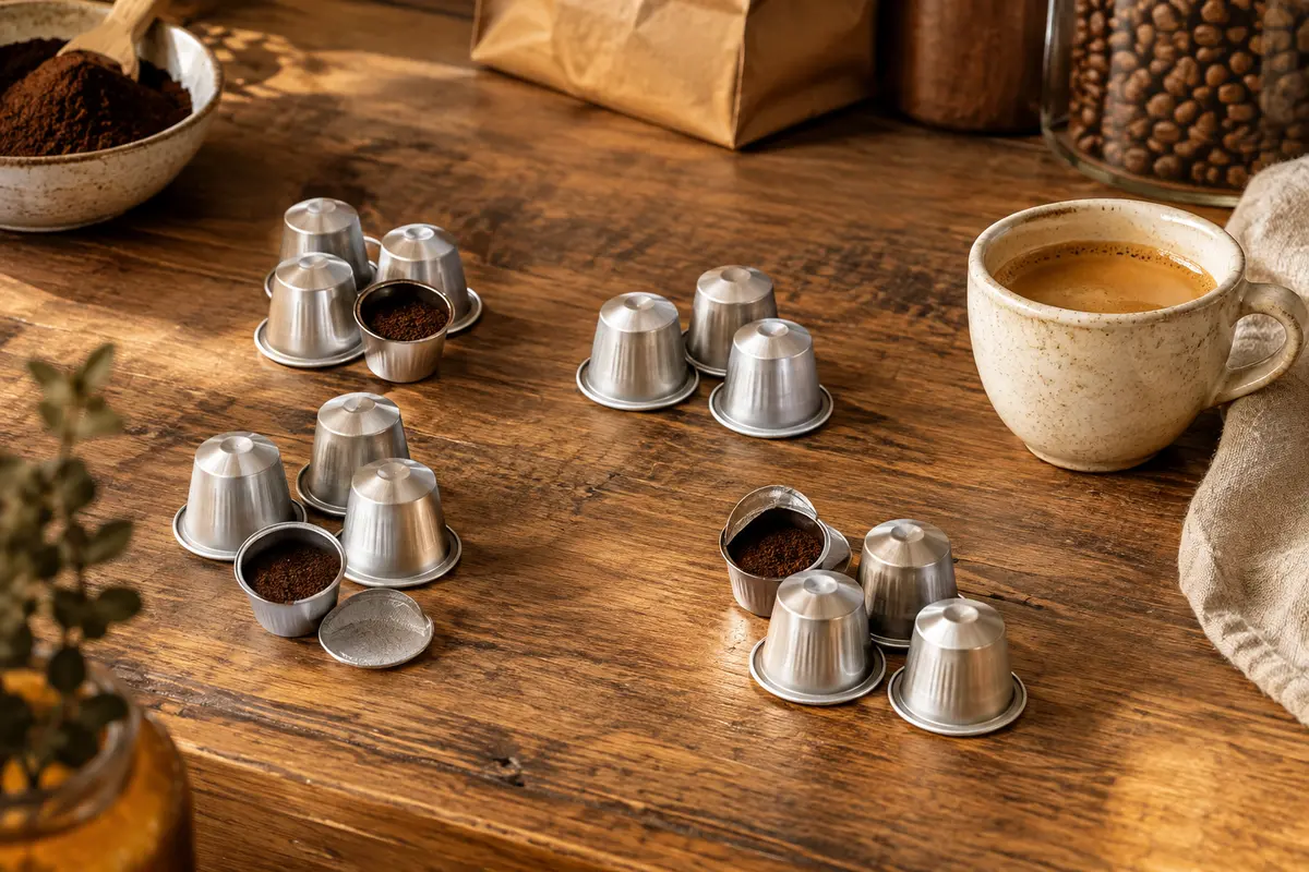 Capsules espresso en aluminium disposées sur un comptoir en bois avec une tasse de café