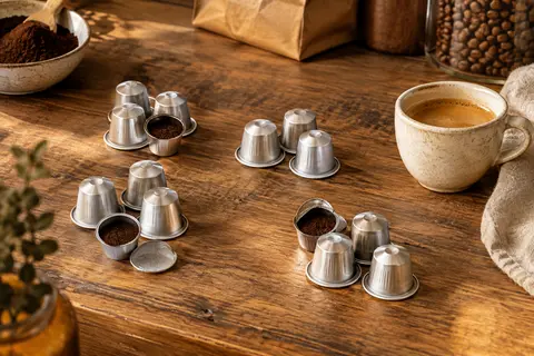 Capsules espresso en aluminium disposées sur un comptoir en bois avec une tasse de café