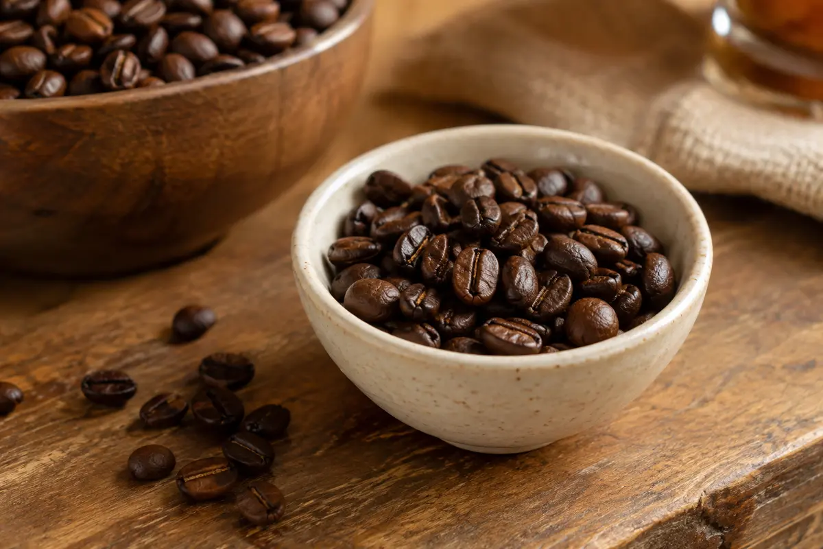 Grains de café torréfiés dans une coupelle en céramique sur un comptoir en bois patiné