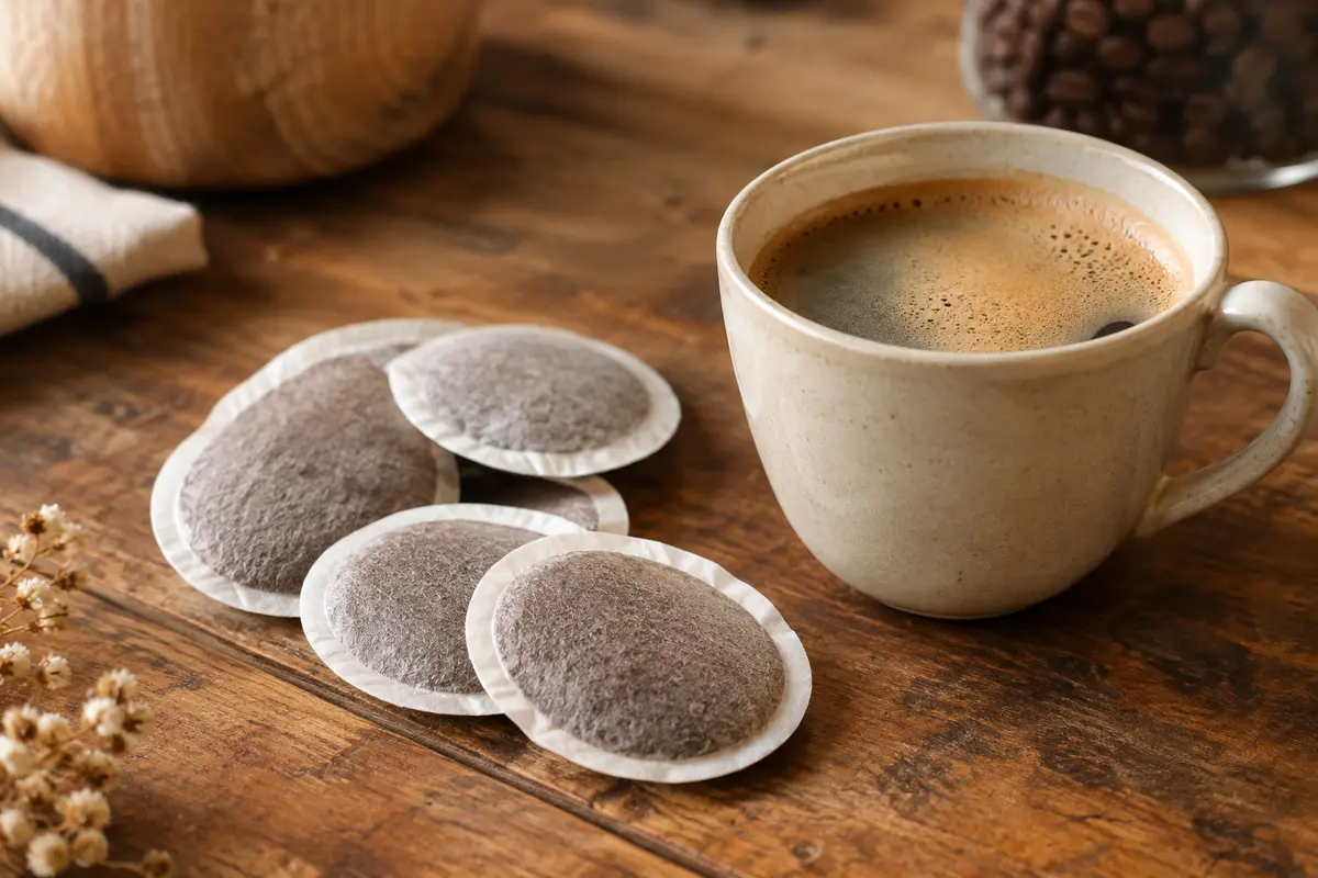 Dosettes de café Senseo Classique près d’une tasse à la mousse légère sur un comptoir en bois.