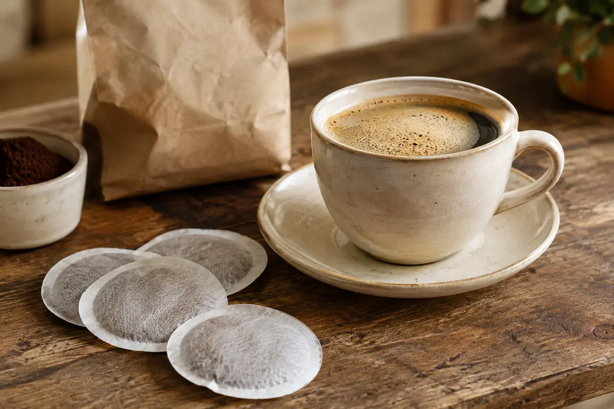 Tasse de café corsé avec une mousse délicate, entourée de dosettes de café filtre sur un comptoir en bois
