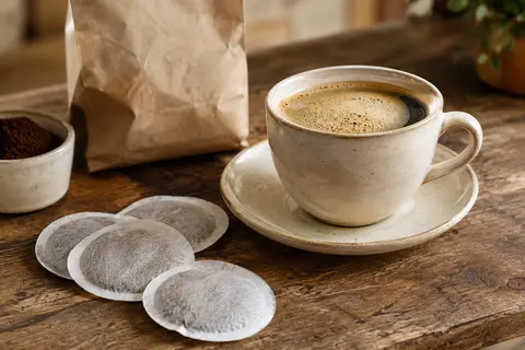 Tasse de café corsé avec une mousse délicate, entourée de dosettes de café filtre sur un comptoir en bois