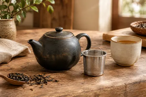 Théière en céramique noire mate avec infuseur amovible en acier inoxydable sur un comptoir en bois