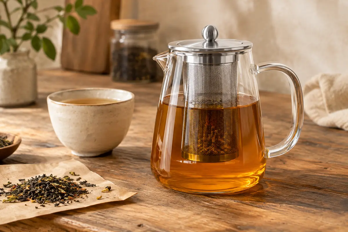 Théière transparente en verre borosilicate avec infuseur en acier inoxydable sur un comptoir en bois