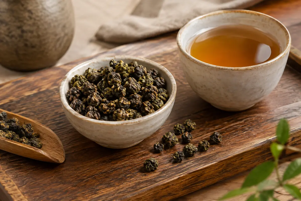Perles de thé oolong en vrac dans un bol de céramique, près d’une tasse de thé infusé