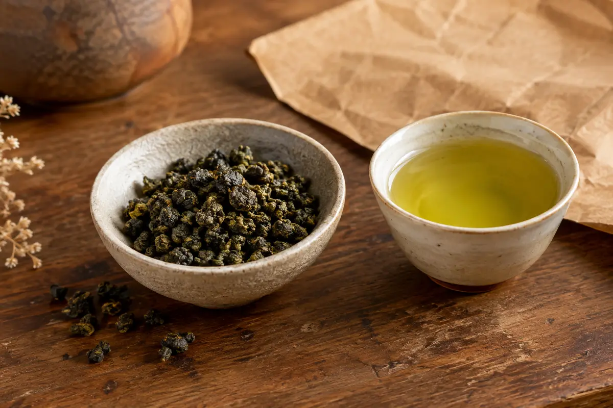 Feuilles de thé oolong vietnamien en coupelle, accompagnées d’une tasse à la liqueur vert lumineux