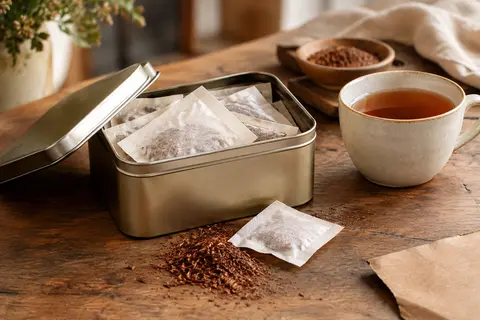 Boîte métallique plate de rooibos à la vanille avec un sachet en mousseline posé sur un comptoir en bois
