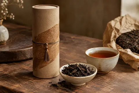 Boîte haute de thé pu-erh en feuilles, avec une tasse ambrée et des feuilles en vrac sur un comptoir en bois.