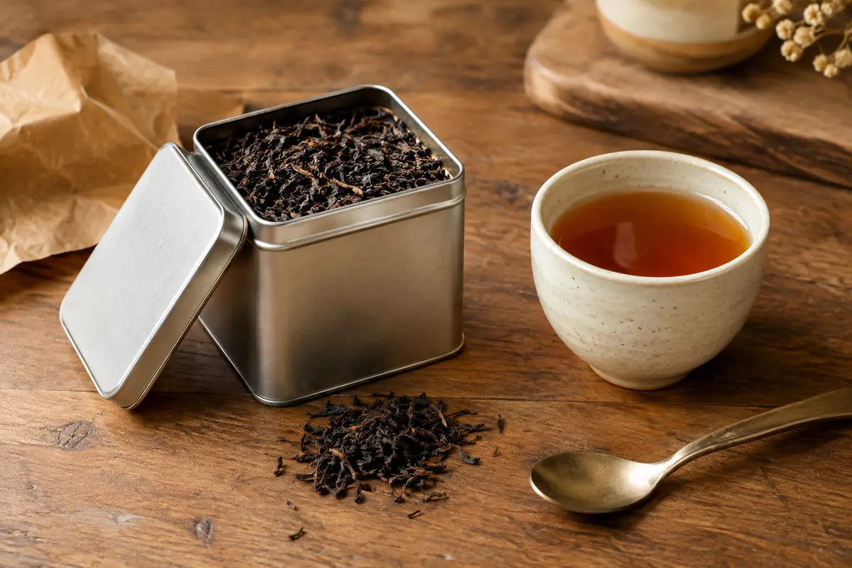 Boîte métallique de thé noir English Breakfast en feuilles, posée sur un comptoir en bois avec une tasse en céramique.