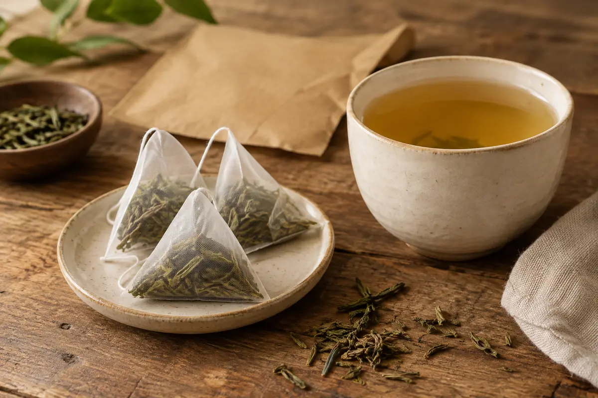 Sachets pyramidaux de thé vert près d’une tasse en céramique sur un comptoir en bois