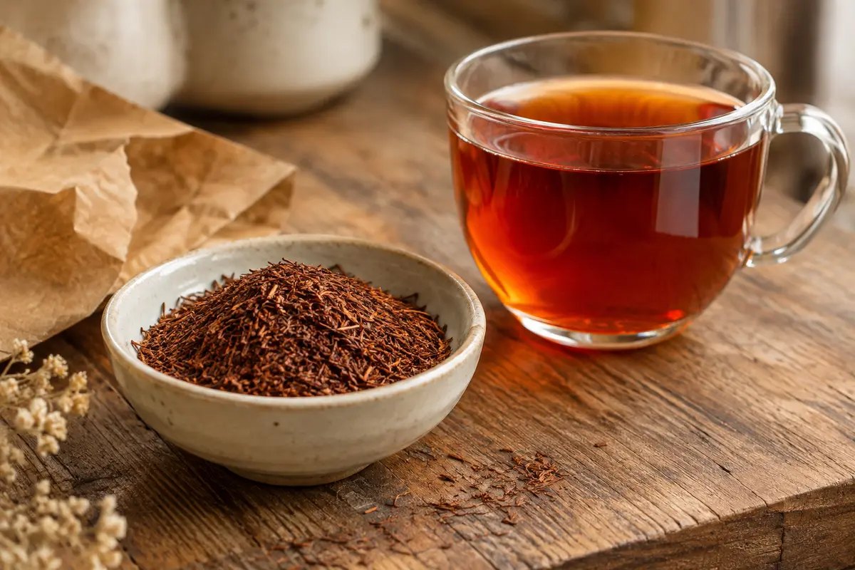 Rooibos en vrac dans une coupelle en céramique, près d’une tasse d’infusion rouge ambrée sur du bois.