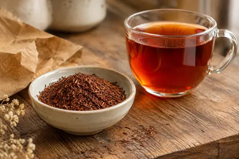 Rooibos en vrac dans une coupelle en céramique, près d’une tasse d’infusion rouge ambrée sur du bois.