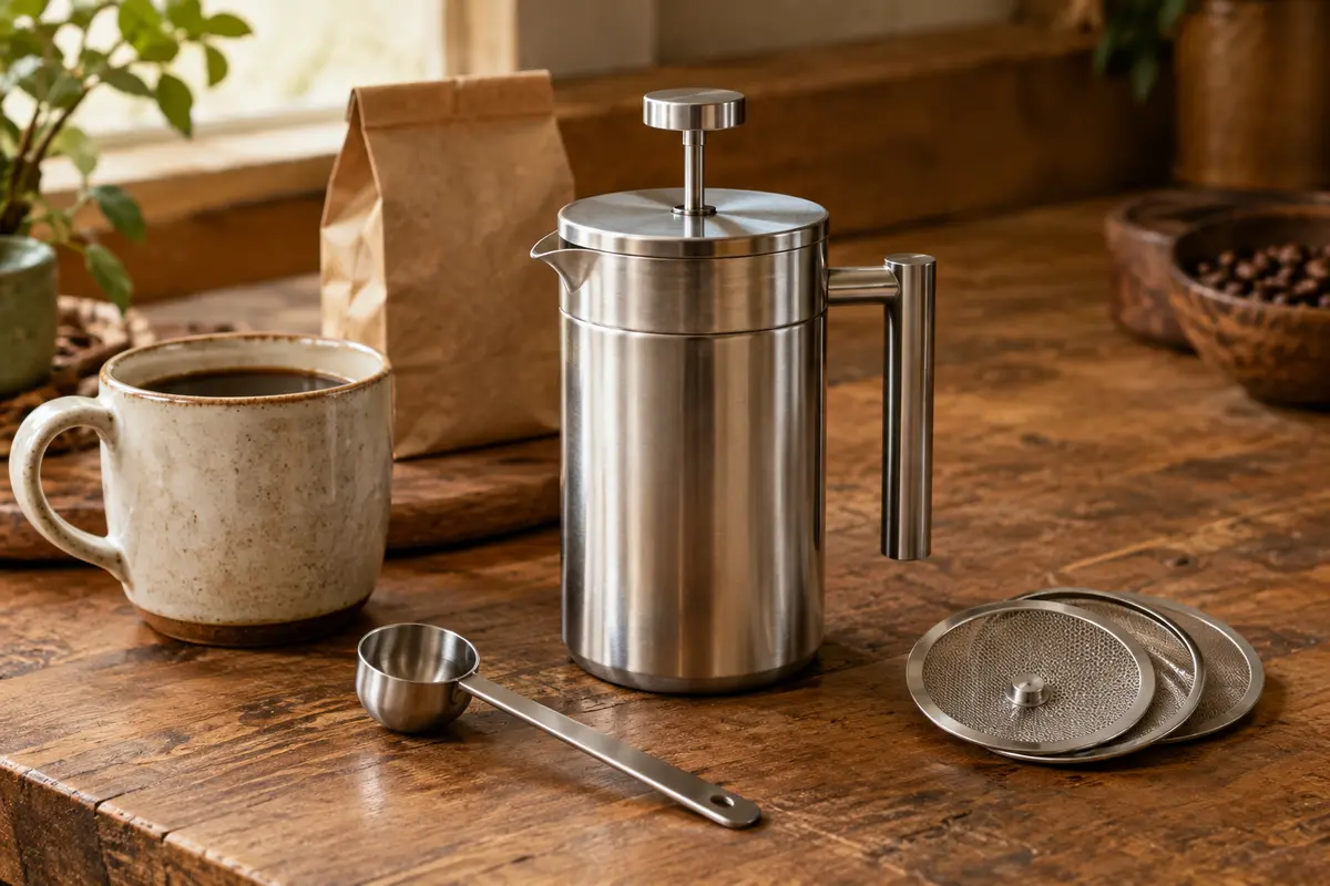 Cafetière à piston en acier inoxydable accompagnée de filtres et d’une cuillère doseuse sur un comptoir en bois.
