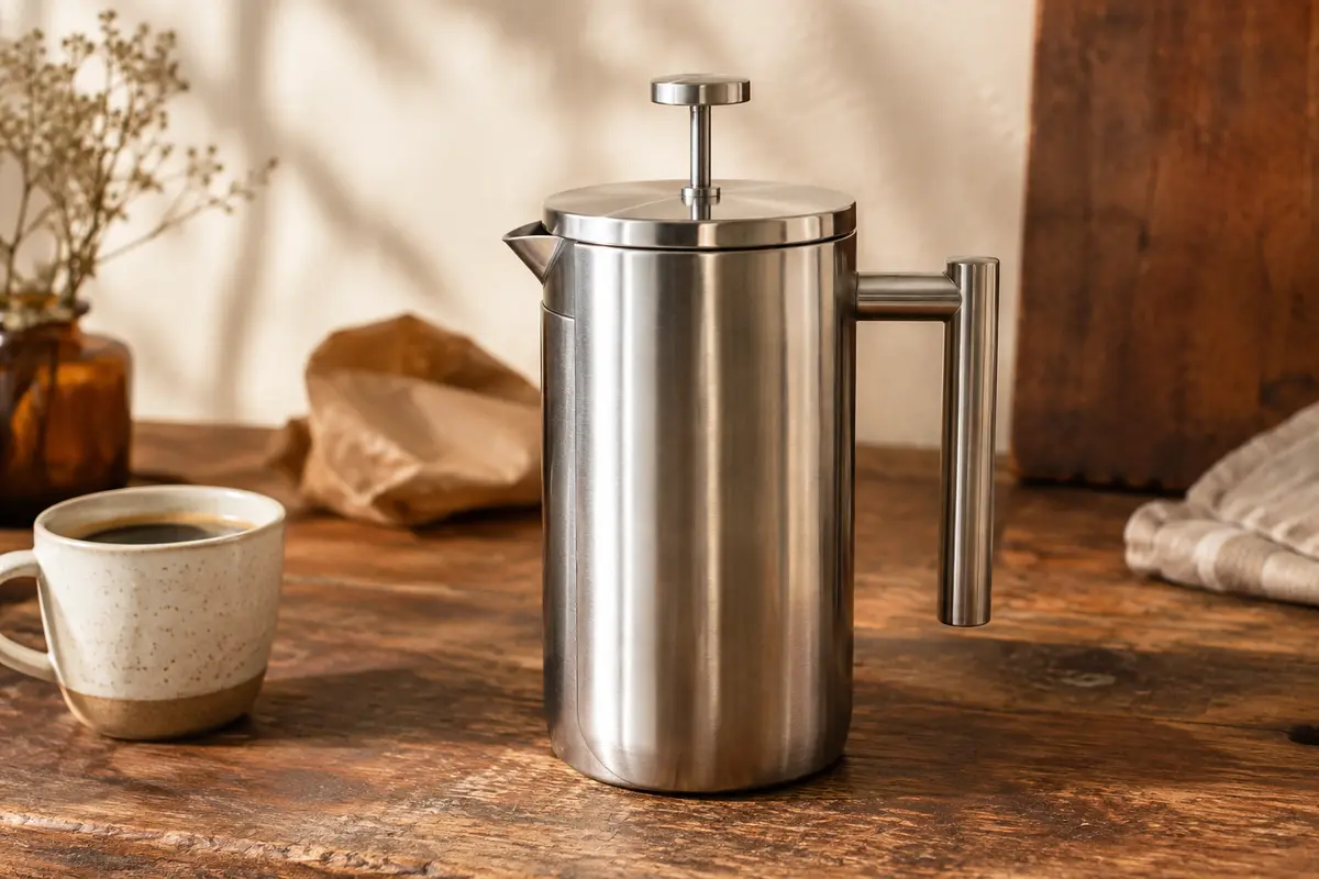Cafetière à piston en acier inoxydable posée sur un comptoir en bois, près d’une tasse en céramique.