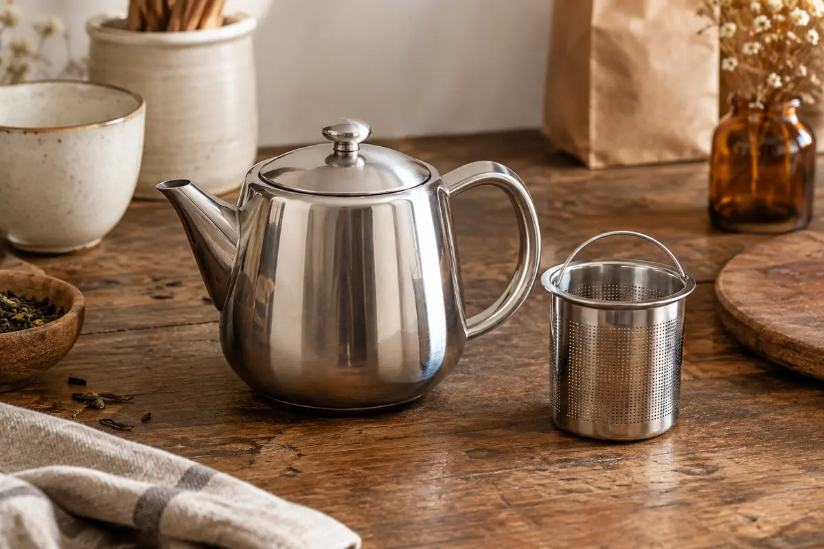Théière argentée en inox à double paroi avec son infuseur amovible, posée sur un comptoir en bois.