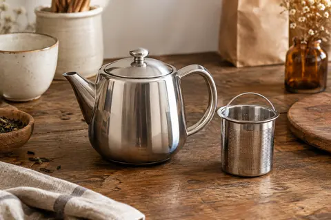 Théière argentée en inox à double paroi avec son infuseur amovible, posée sur un comptoir en bois.