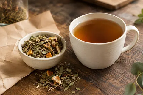 Feuilles de yerba maté et morceaux de fruits près d’une tasse d’infusion ambrée sur un comptoir en bois.
