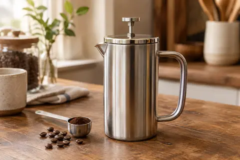 Cafetière à piston en acier inoxydable argenté posée sur un comptoir en bois, avec sa cuillère doseuse.