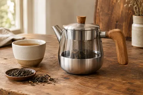 Théière en acier inoxydable à double paroi avec infuseur et poignées en chêne, posée sur un comptoir en bois.