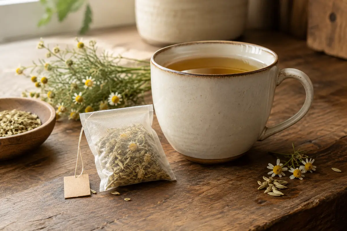 Sachet d’infusion de plantes près d’une tasse en céramique sur un comptoir en bois patiné