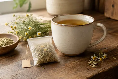 Sachet d’infusion de plantes près d’une tasse en céramique sur un comptoir en bois patiné