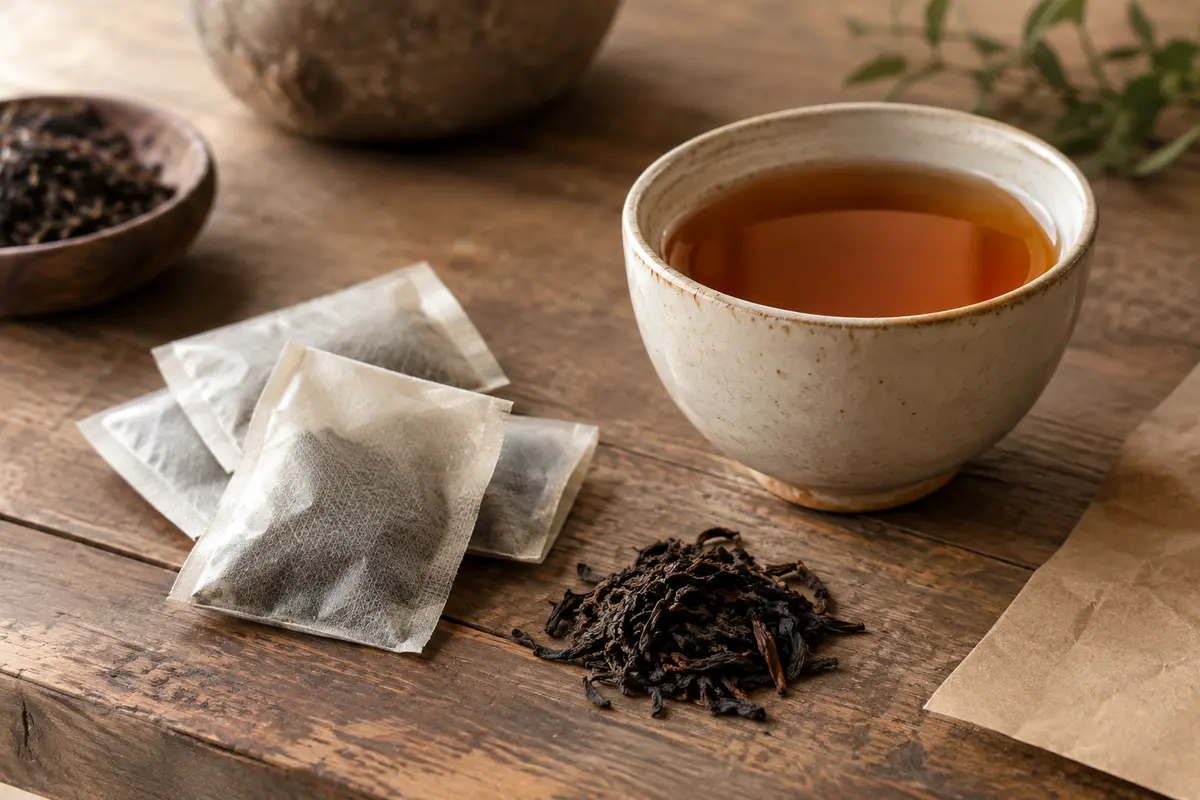 Sachets de thé pu-erh près d’une tasse ambrée sur un comptoir en bois patiné