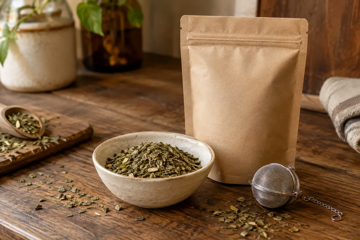 Feuilles de maté vert en vrac dans une coupelle en céramique, près d’une poche refermable