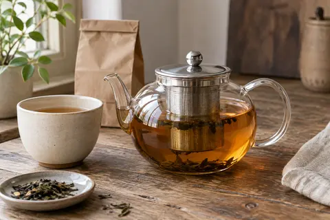 Théière transparente en verre borosilicate avec infuseur amovible, posée sur un comptoir en bois